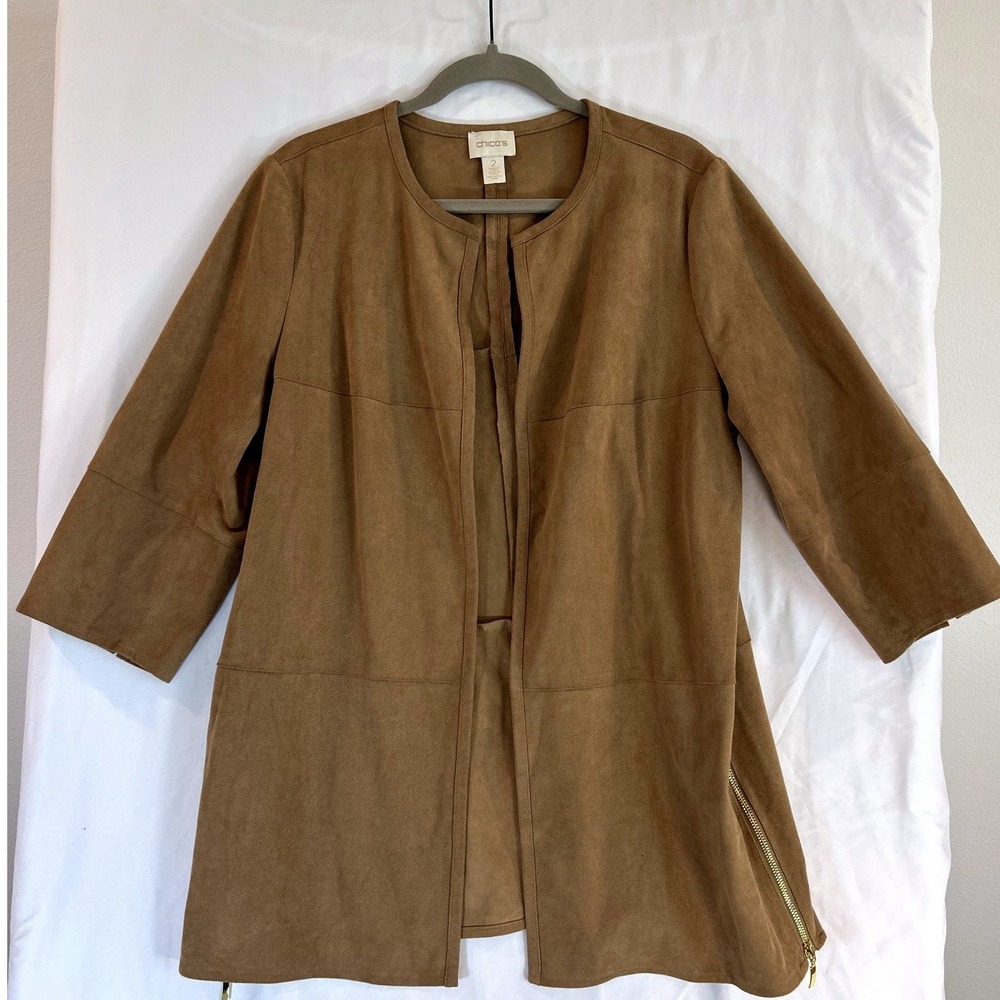 Chico's Faux Suede Open Front Jacket Brown Tan Side Zip 3/4 Sleeve Size 2 Classy